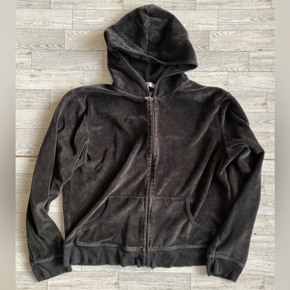 Vintage Victoria's Secret Womens‎ Black Velour Full Zip Hooded Jacket Size Large
